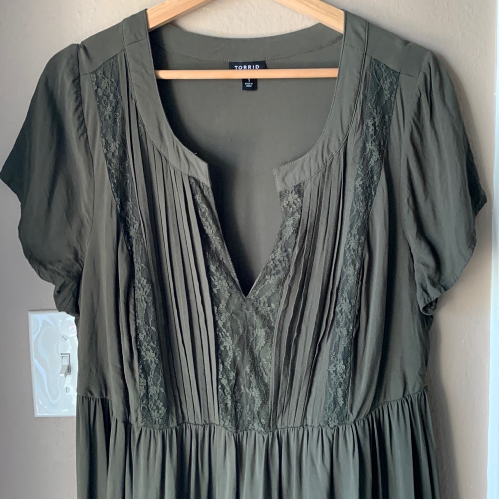 Torrid Olive Green Short Sleeve Tiered Peasant Dress